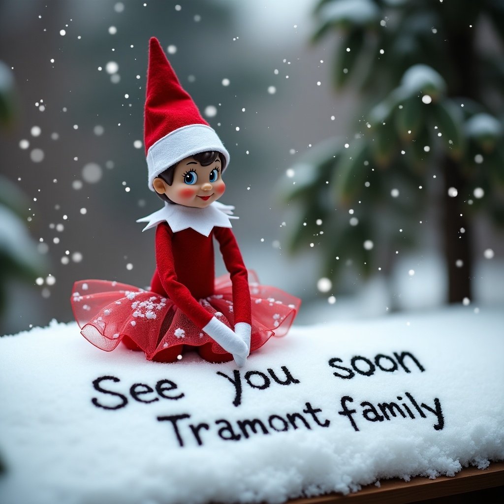 The image features an Elf on the Shelf positioned on a snowy surface. The elf is wearing a red outfit with a matching festive hat and a tulle skirt. It is writing the message 'See you soon Tramont family' in the snow. Light snowflakes are falling around, enhancing the winter theme. The scene is cheerful and evokes a sense of holiday joy and family connection.