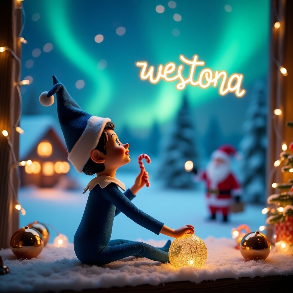 A charming Christmas elf dressed in cheerful blue attire is focused on writing names on decorative baubles. Surrounded by holiday decorations, the elf holds a candy cane and sits at a wooden table. Behind him is a softly lit Christmas tree with twinkling lights. Above him, the name 'weston' sparkles in the night sky filled with northern lights. The scene is magical, embodying the essence of Christmas with soft snow covering the landscape and a cozy cabin in the background. Nearby, Santa Claus joyfully prepares for the holiday, enhancing the festive feeling.