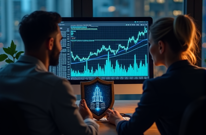 Two professionals analyze a financial graph on a computer screen, highlighting a growth trend, while holding a digital shield representing security.