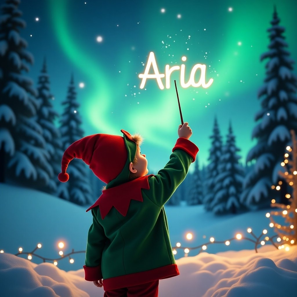 A child dressed in an elf costume faces away from the viewer, observing the enchanting northern lights above. They hold a wand, creating the word 'Aria' in the air, adding a whimsical touch to the scene. The backdrop consists of snow-covered trees, enhancing the winter vibe. In the foreground, sparkling lights create a warm and inviting atmosphere. The overall setting is joyful and festive, capturing the essence of the holiday season.