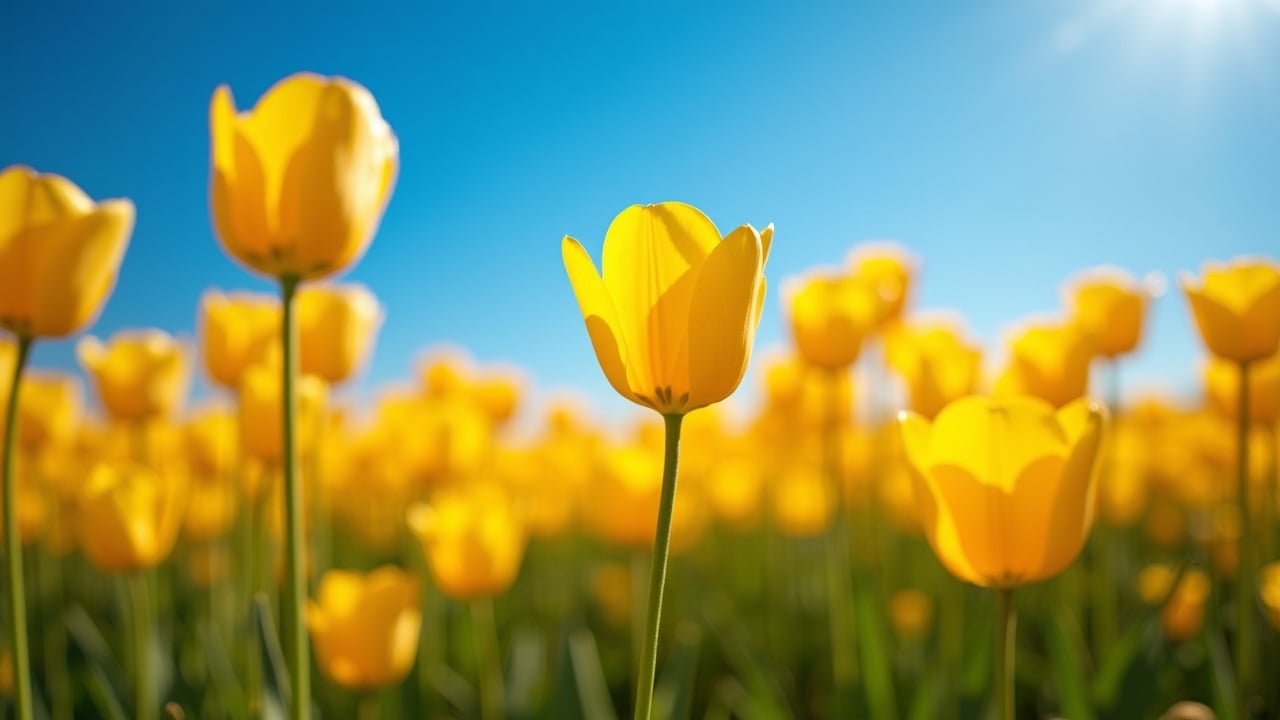 A vibrant field of blooming yellow tulips stretches as far as the eye can see under a clear blue sky. The sunlight illuminates the tulips, casting soft shadows and emphasizing their delicate petals. The image captures the essence of spring, evoking feelings of joy and renewal.