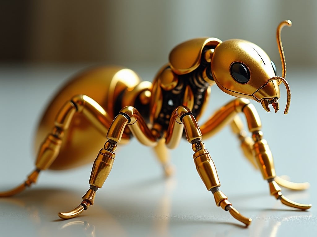 The image showcases a futuristic, robotic ant designed with a sleek, gold metallic finish. Its body is crafted with precise mechanical joints and smooth surfaces. This design emphasizes a blend of natural inspiration and advanced technology. The background is softly blurred to make the shiny, intricate details of the ant stand out. The vibrant gold color gives the ant an eye-catching appearance. Perfect for illustrating concepts in robotics and futuristic design.