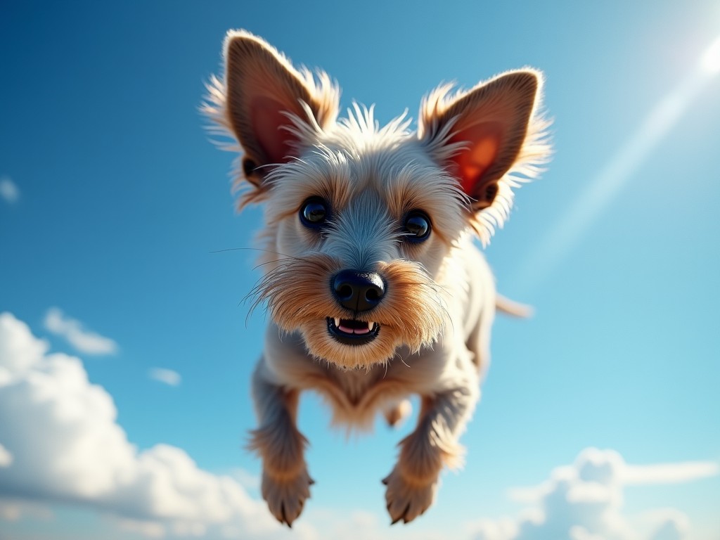 A joyful puppy jumps into the air against a backdrop of a bright blue sky with fluffy clouds, capturing the essence of a playful summer day.