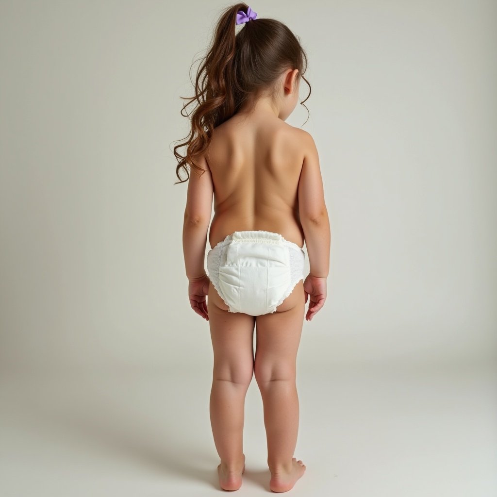 The image features a four-year-old girl seen from behind, wearing a clean, size-appropriate diaper. She has curly hair pulled back with a small accessory. The setting is minimalistic with a soft color palette. The lighting is gentle, highlighting the child's form. This portrayal emphasizes comfort and cleanliness suitable for marketing children's products.