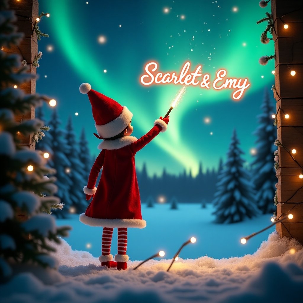 An enchanting Christmas scene features a whimsical elf on the shelf, dressed in a traditional red and white outfit. The elf faces the vibrant northern lights while holding a magic wand. With the wand, the elf writes 'Scarlett & Emy' in glowing letters against a dark sky. Surrounding the elf, a serene snowy landscape enhances the festive atmosphere. The scene captures the joy and wonder of the Christmas season with its enchanting elements and magical ambiance. This delightful image perfectly embodies the spirit of the holidays.