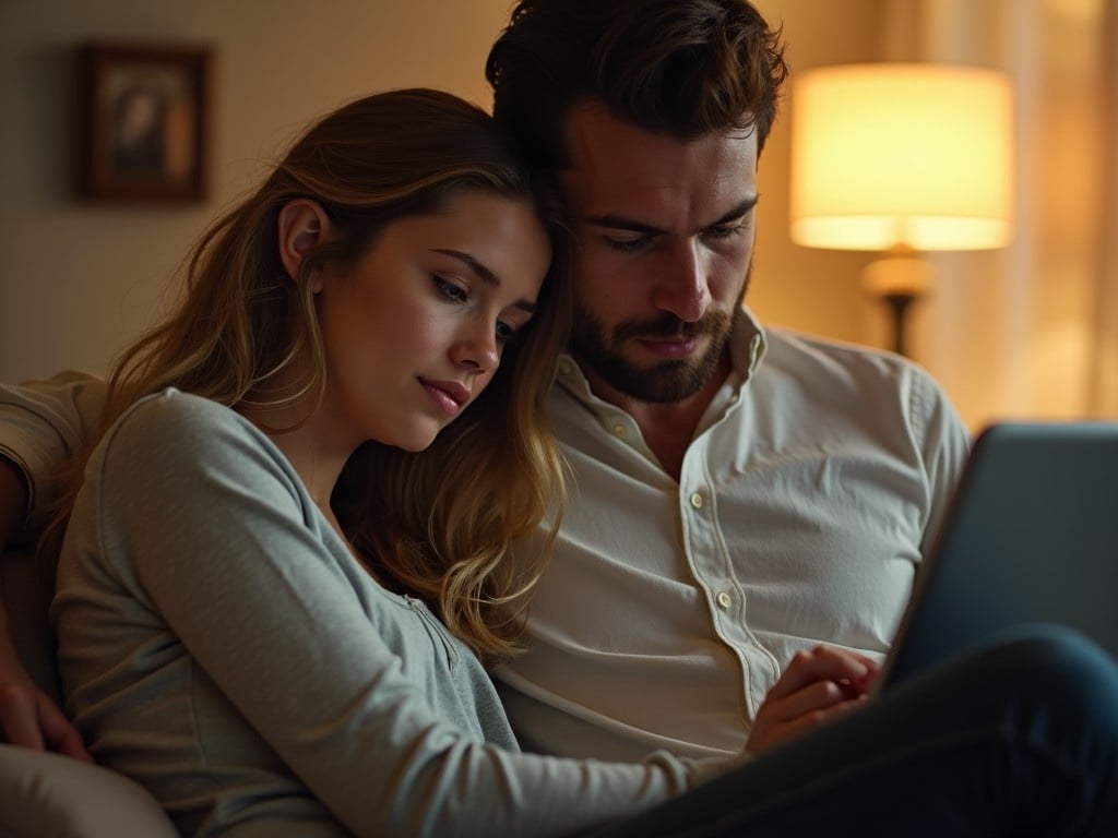 A young woman is sitting closely on a man's lap, resting her head on his shoulder. They share a moment filled with tenderness and intimacy. The setting is calm and serene, enhanced by soft, warm lighting. The indoor atmosphere feels cozy and inviting. This scene beautifully captures the connection between the couple and evokes feelings of warmth and affection.