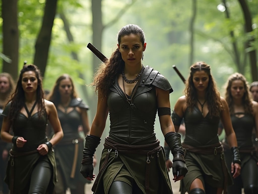 The image features a strong female character, reminiscent of Lexa from The 100, leading a group of female warriors through a dense forest. Each warrior is dressed in similar dark green outfits, symbolizing unity and strength. The scene captures a moment of determination and purpose as they navigate their surroundings. The natural lighting filters through the trees, enhancing the mystical and adventurous vibe. The strong stance of the lead character evokes a sense of empowerment and leadership, resonating with themes from the series.