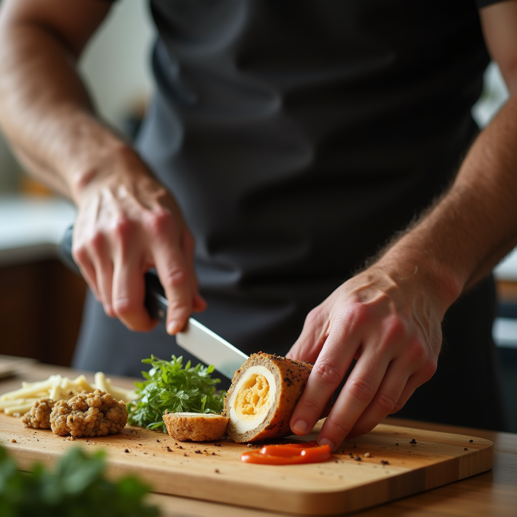 A person slices a stuffed, rolled dish with herbs and vegetables on a wooden board.