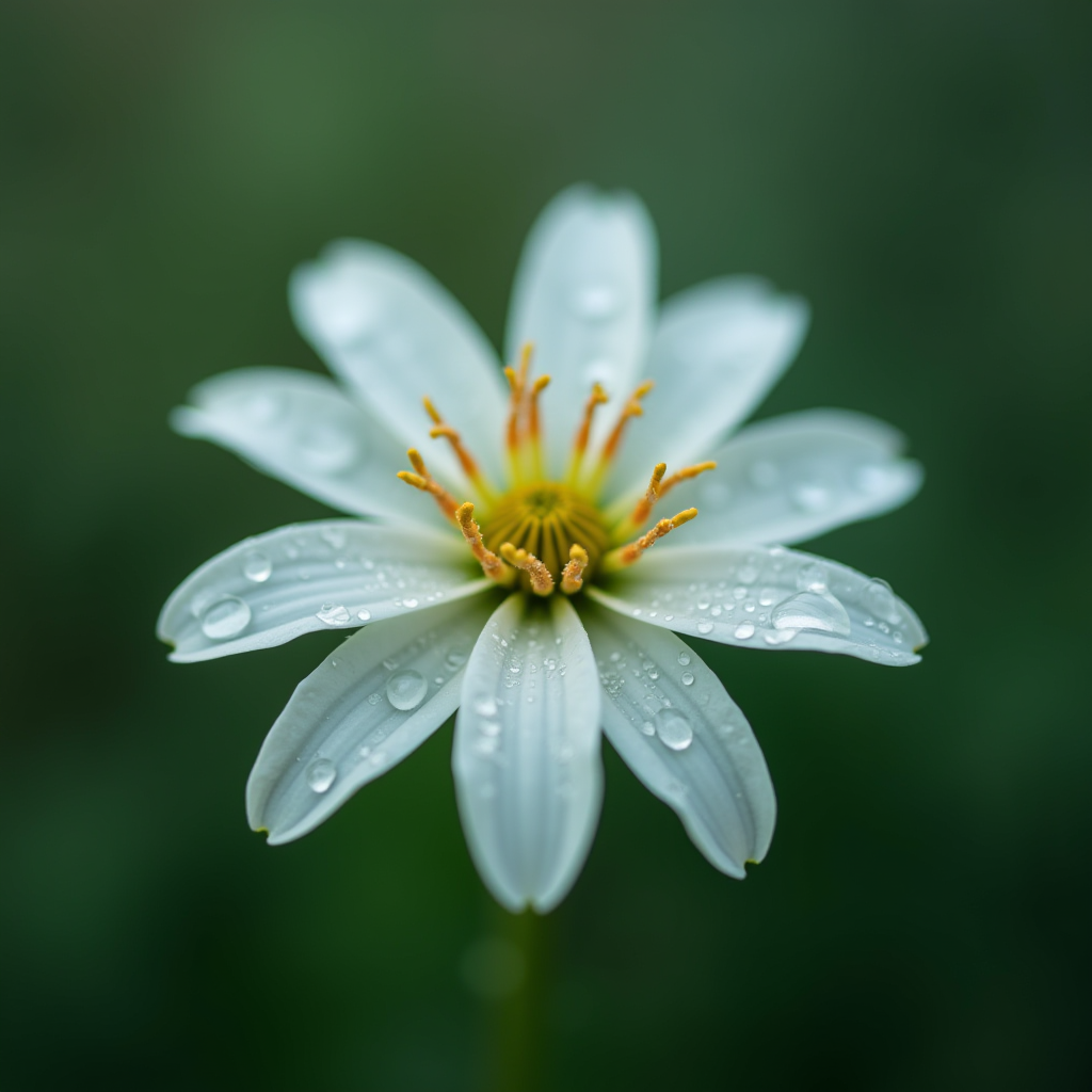 The image showcases a beautiful white flower in sharp focus against a softly blurred green background. The flower features delicate white petals, adorned with drops of water, likely from recent rain, which adds a fresh and vibrant appearance. The center displays bright yellow-orange stamens extending outward. The overall composition creates a sense of serenity and natural elegance, with the lush green background providing a perfect contrast to highlight the flower's purity and detail.