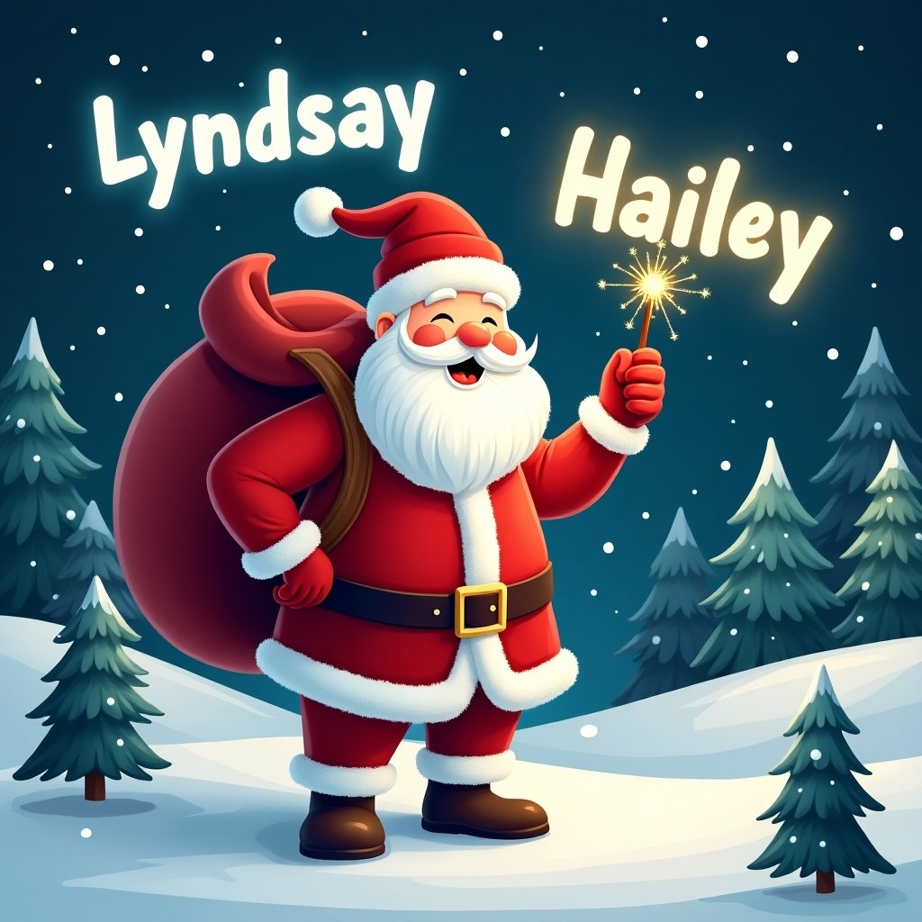 The image features a cheerful Santa Claus in a snowy landscape. He has a red sack over his shoulder and is holding a sparkly wand. Santa is dressed in his traditional red and white suit, including a belt and boots. The night sky is filled with twinkling stars, creating a magical atmosphere. Behind him, the names 'Lyndsay' and 'Hailey' are glowing in the night sky, adding a personal touch to the scene.