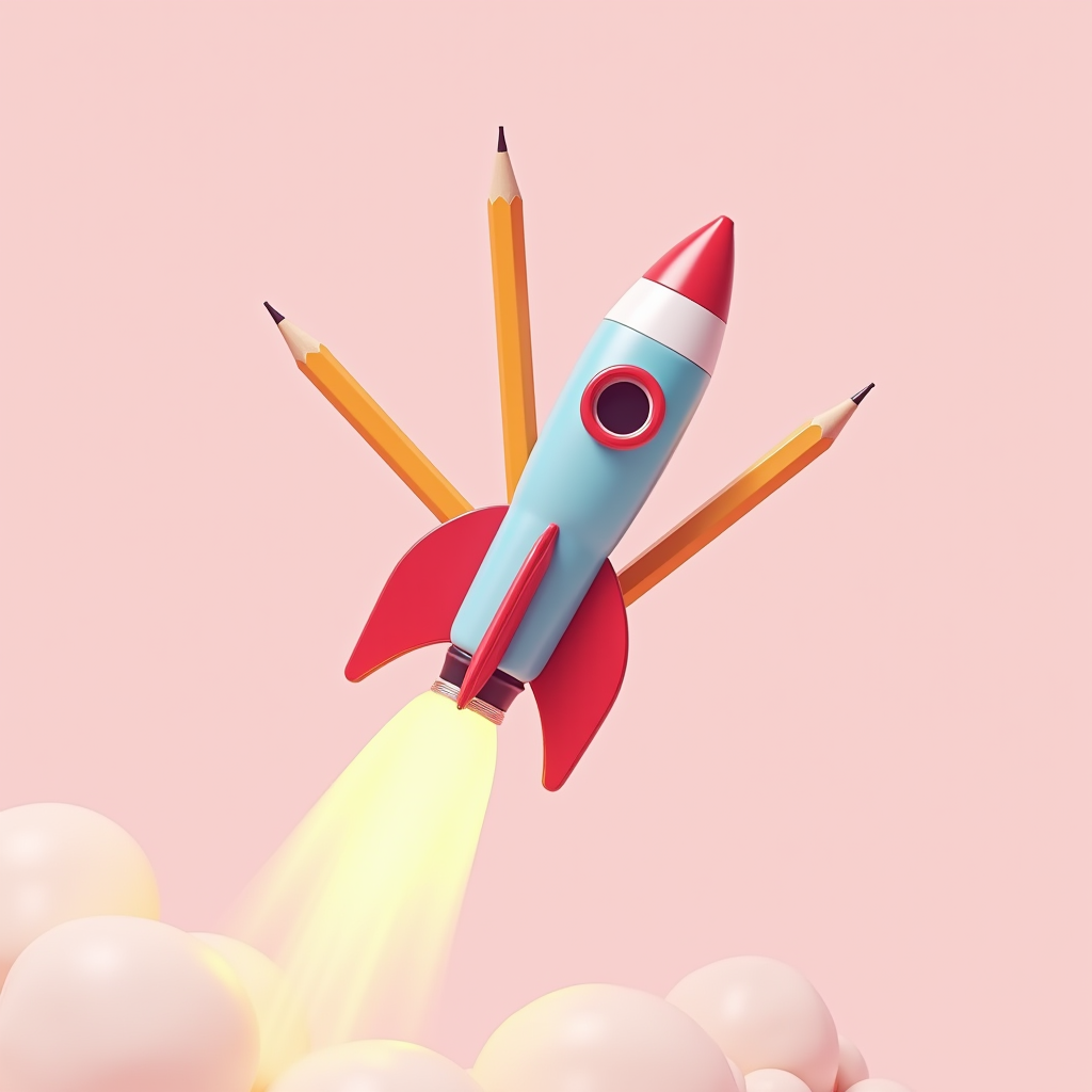 A whimsical rocket, combined with pencils, emerges from fluffy clouds against a pink backdrop.