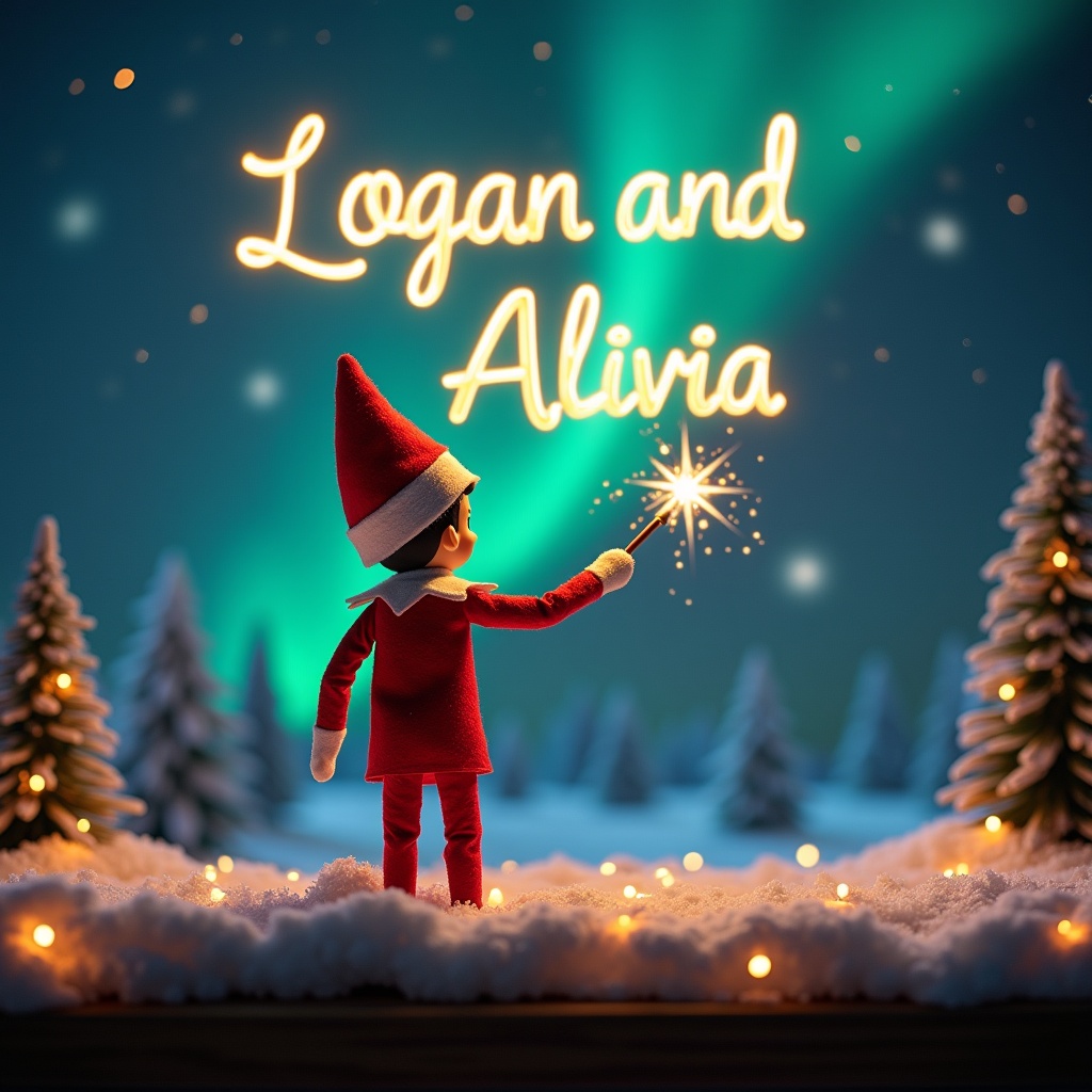 An enchanting Christmas scene featuring an elf on the shelf. The elf is dressed in traditional red and white, turning away from the viewer. He holds a wand that creates glowing text in the air, spelling out 'Logan and Alivia'. In the background, vibrant northern lights illuminate the scene. The foreground has soft white snow, and scattered lights create a warm, festive glow. This whimsical setting encapsulates the joy and magic of the holiday season, inviting viewers to embrace the spirit of Christmas.