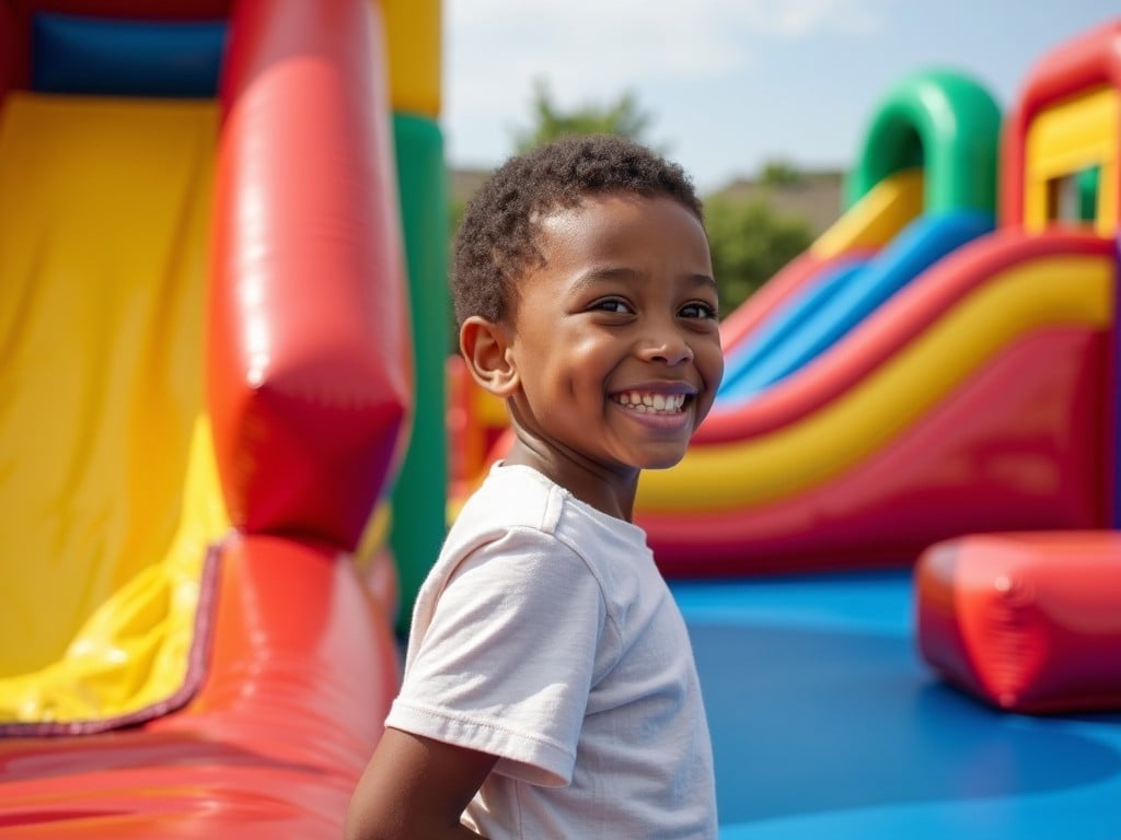 A cheerful child stands in front of colorful bounce houses, smiling brightly at the camera. The scene is filled with vibrant colors, including red, yellow, and green, creating a fun atmosphere. The child's joy is evident in his expression, as he enjoys a day at the playground. Bright sunlight enhances the playful environment, making the colors pop. This image captures the essence of outdoor fun for kids.