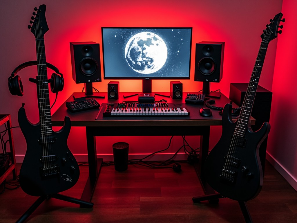 The image shows a modern music production setup with two black electric guitars flanking a stylish desk. In the center is a keyboard, surrounded by audio equipment, including computer speakers. A large monitor displays a captivating image of the moon, illuminated in red light. The atmosphere suggests a creative and energetic space for music making. Headphones hang from the side, indicating readiness for audio mixing or recording sessions.