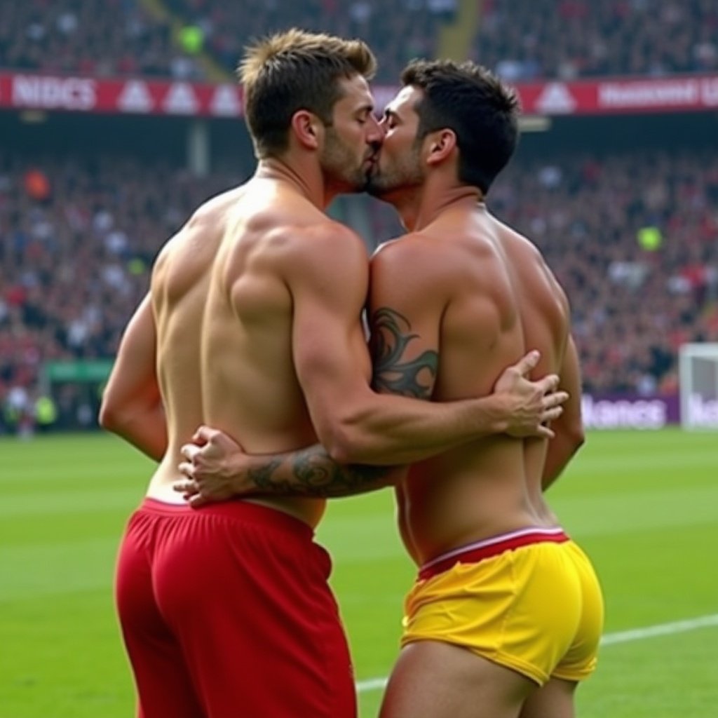 The image captures a powerful moment on a football field where two shirtless men share a passionate kiss. They are dressed in contrasting underwear colors—one in red and the other in yellow. Their embrace shows intimacy and affection in a sports setting, evoking strong emotions. The background features an engaged crowd, highlighting the public nature of their love. The scene radiates positivity and love, breaking traditional norms in sports.