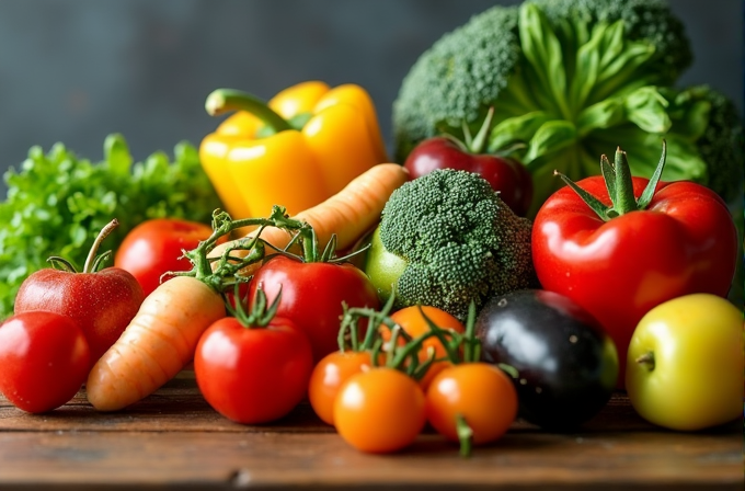 A colorful assortment of fresh vegetables and fruits on a wooden surface.