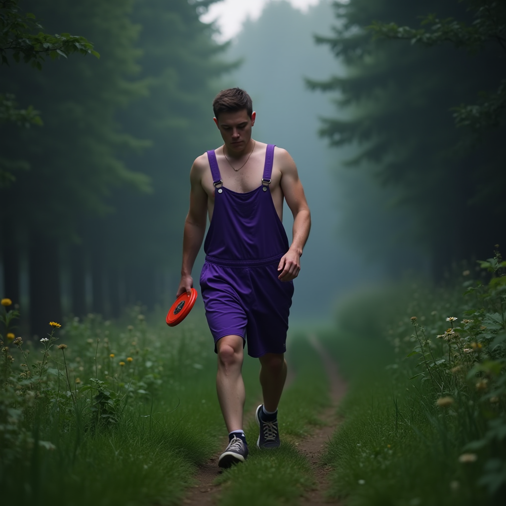 The image depicts a young man walking along a narrow dirt path amidst a lush, green forest. The scene is enveloped in a soft mist, creating a tranquil, almost ethereal atmosphere. The man is dressed in a sleeveless, deep purple jumpsuit, which stands out against the natural backdrop. In his hand, he holds a bright orange flying disc, suggesting he might be engaging in a leisure activity like disc golf. The forest is dense with tall trees on either side, and the path is flanked by wildflowers and grass, giving the setting a serene and secluded feel.