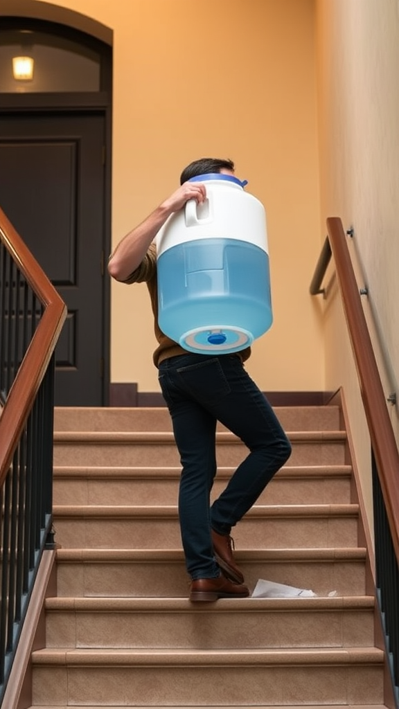 The image depicts a person carrying a large water container up a staircase. The individual is wearing casual attire, including dark jeans and brown shoes. The water container is substantial, with a white top and a transparent lower half filled with blue liquid, possibly water. The person appears to be balancing the container on their shoulder as they ascend the steps of what seems to be an indoor staircase. A piece of paper is lying on one of the stairs, and the background shows a closed, dark-colored door with arched detail, lit by a warm light from above.