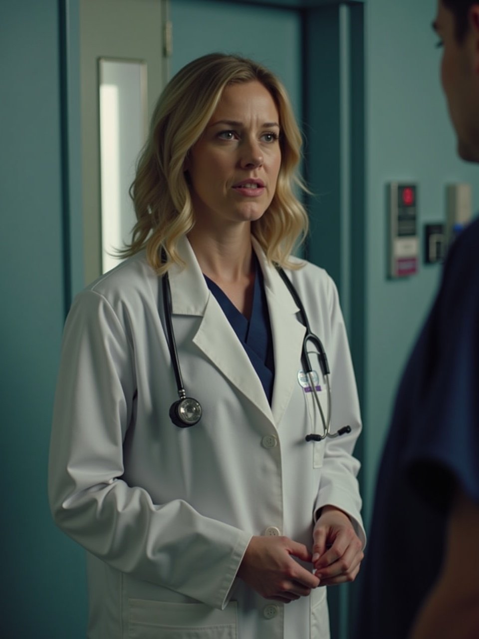 The image shows a doctor wearing a white coat engaged in conversation in a hospital environment. She has a stethoscope around her neck, indicating her medical profession. The background features a hospital corridor that is softly lit, giving a calm atmosphere. The doctor appears to be in a serious discussion, possibly about patient care. The color palette is primarily blue and white, enhancing the clinical setting.