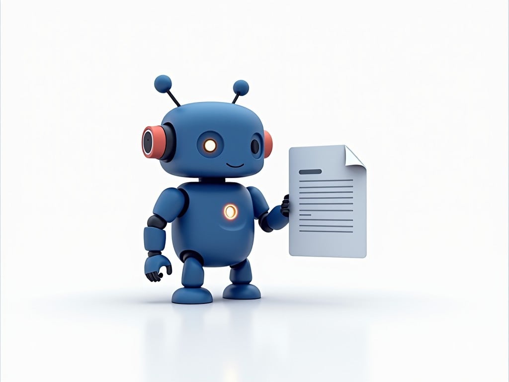 A cute blue robot holding a document