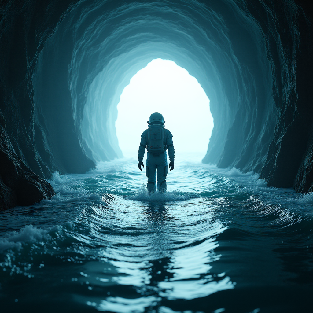 An astronaut walks through a watery cave illuminated by a bright light at the end, creating a surreal, dreamlike scene.