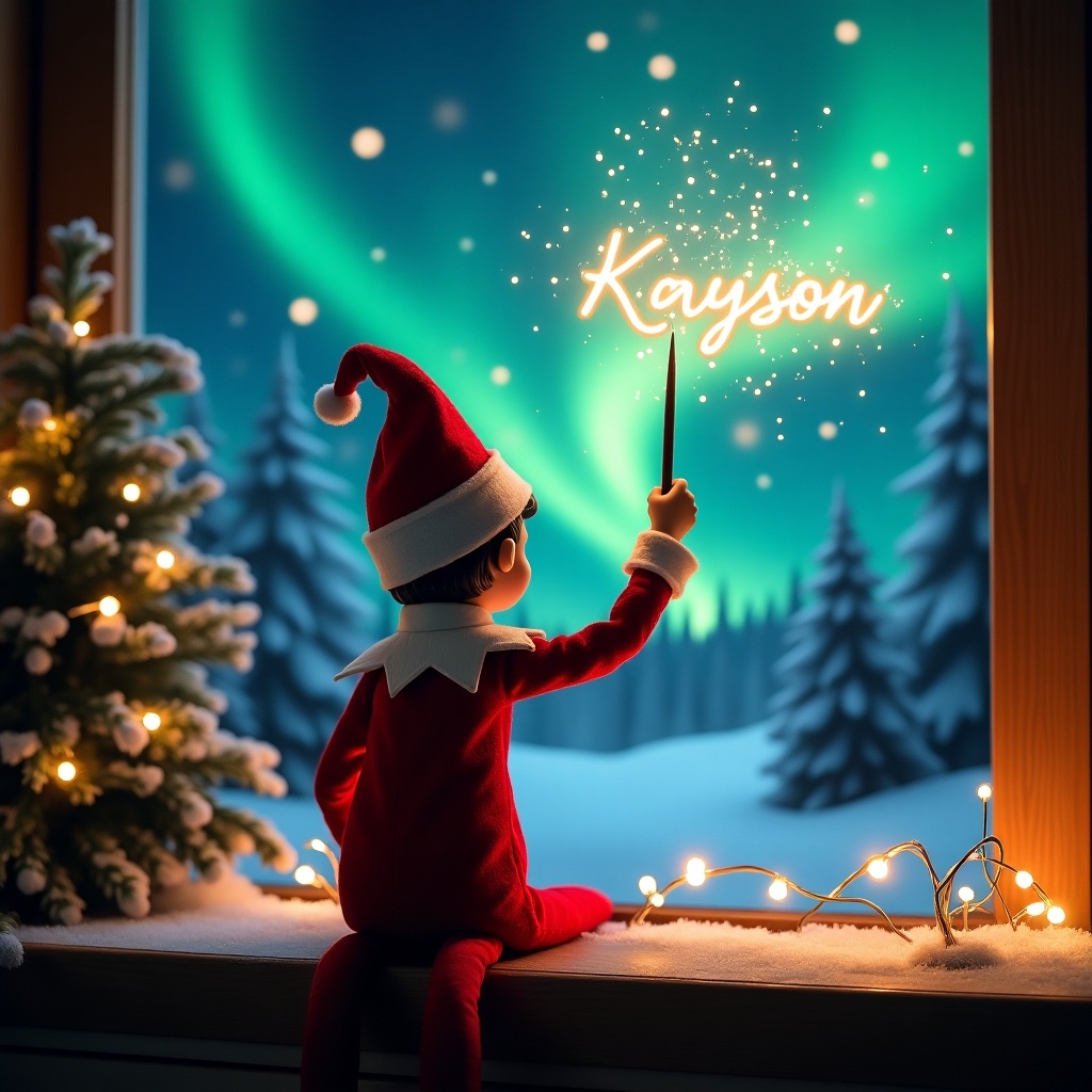 An enchanting Christmas scene featuring an elf on the shelf. The elf, dressed in red and white, is facing the sky with his back to the viewer. He wields a magic wand and writes glowing names like 'Cora', 'Harper', and 'Veda' above him. The backdrop showcases vibrant northern lights, adding to the magical ambiance. Festive decorations fill the scene, creating a cheerful spirit of Christmas. The elf's position and action evoke a sense of wonder and excitement, capturing the joy of the holiday season. The name 'Kayson' is also depicted in the scene.