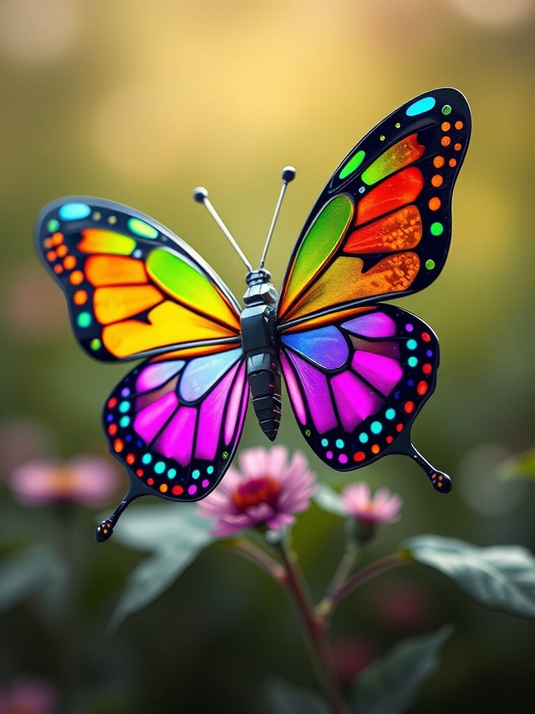 This stunning digital rendering captures a colorful butterfly resting effortlessly on a flower. The butterfly's wings are a vivid mix of neon shades, with intricate patterns of orange, green, pink, and blue, creating a captivating contrast against the softly focused background. The lighting accentuates the iridescence of the wings, highlighting the butterfly as the main focal point.