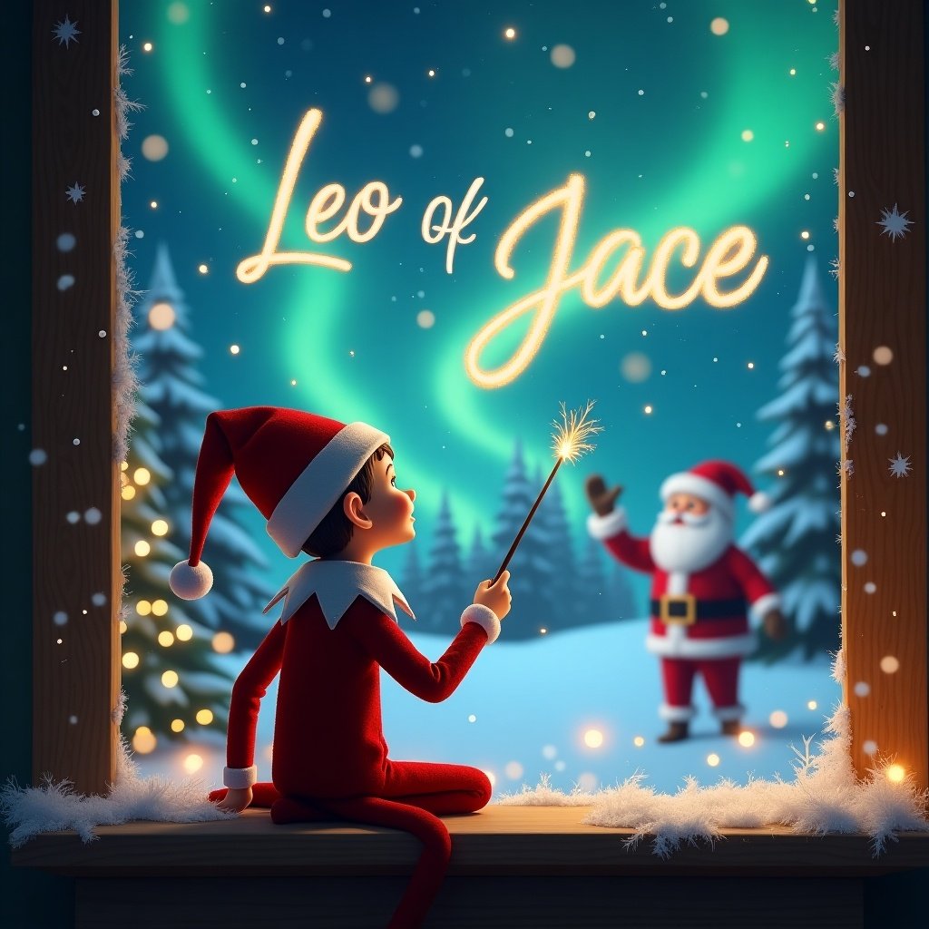 An elf on the shelf sits on a windowsill, facing the magical sky. The elf, dressed in red and white, uses a wand to elegantly write names in the air. Behind him, the night sky is filled with swirling northern lights and Santa Claus is visible in the background. The words 'Leo' and 'Jace' glow in the sky. It’s a festive and enchanting Christmas scene, evoking joy and wonder.