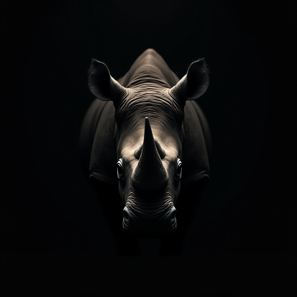 A stunning photograph of a rhinoceros emerging from darkness, highlighting its rugged texture and powerful presence.