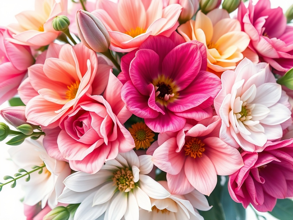 A close-up image of a bouquet featuring various colorful flowers with soft lighting.