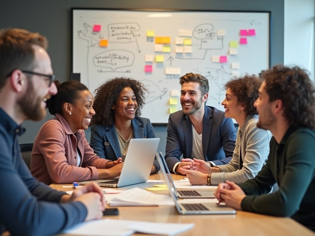 The image depicts a diverse group of professionals gathered around a table, actively engaging in conversation. They are smiling and sharing ideas while looking at a laptop and documents on the table. Sticky notes are visible on a board in the background, hinting at a brainstorming session. The atmosphere buzzes with energy and collaboration. This setting illustrates teamwork and positive problem-solving vibes.