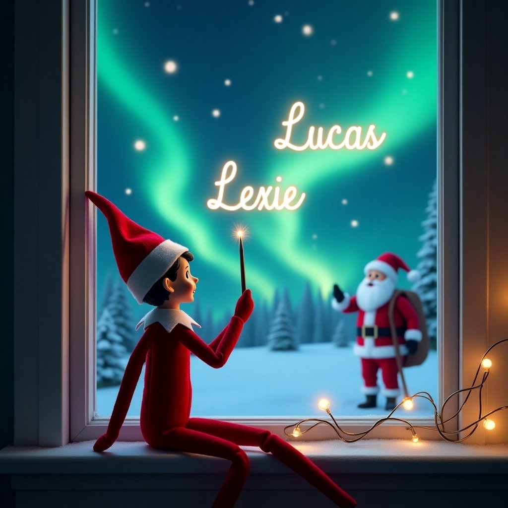 An elf on the shelf sits elegantly on a windowsill, gazing out at a magical winter night. Dressed in classic red and white, the elf uses a wand to write names in the air with sparkling light. Behind the elf, the sky dances with beautiful northern lights, providing a captivating backdrop. In the distance, Santa Claus is visible, adding to the festive scene. The names 'Lucas' and 'Lexie' glow brightly in the enchanting atmosphere. It's a joyful celebration of Christmas, evoking feelings of wonder and excitement.