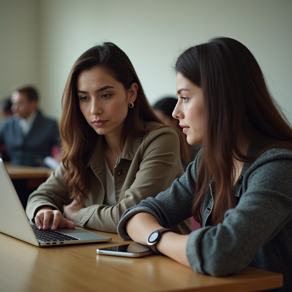 Two women focused intently on a laptop screen during a study session.