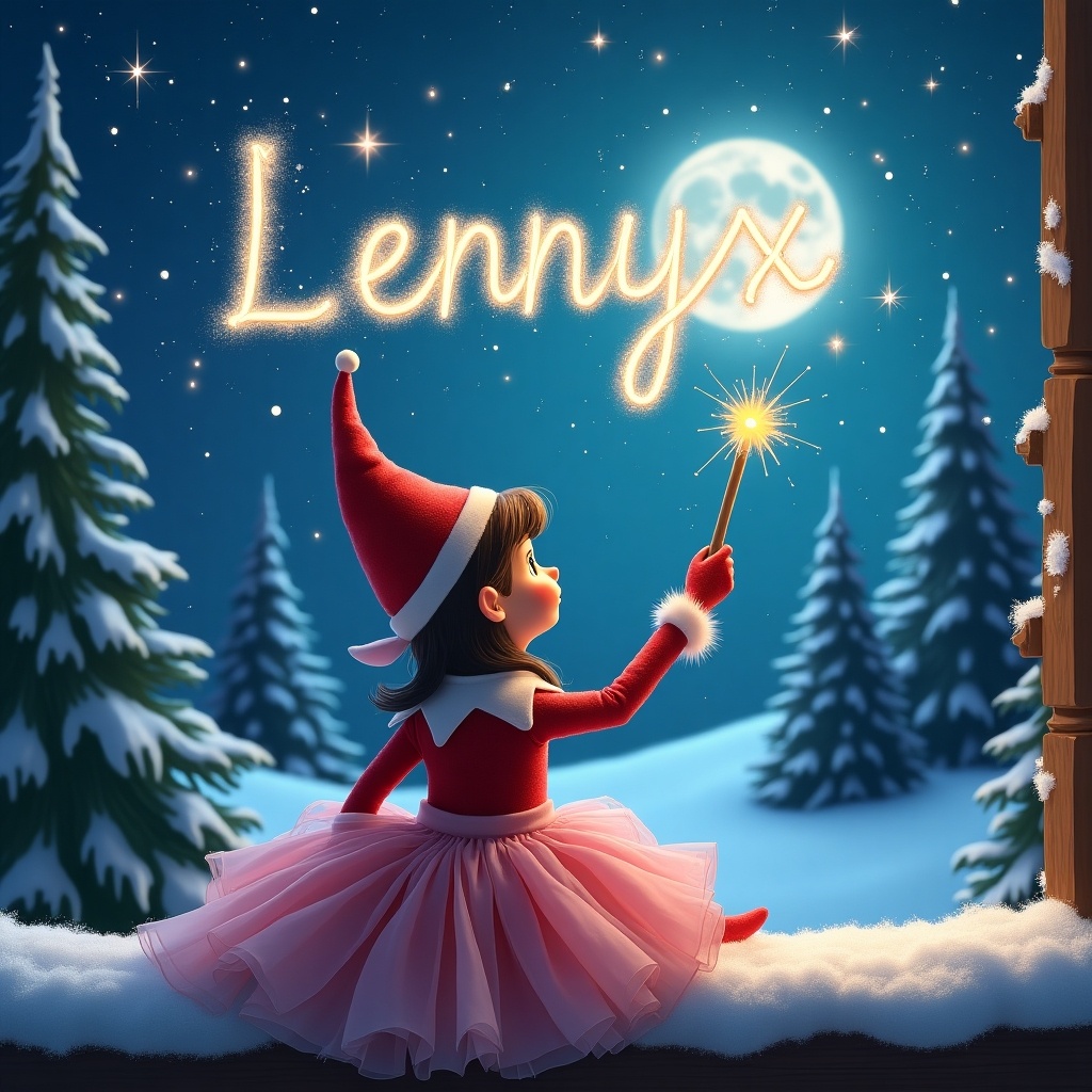 The image features an enchanting elf on the shelf, adorned in a pink poofy dress, sitting with its back to the viewer. It faces a breathtaking sky filled with sparkling stars and a bright moon. The elf wields a magical wand, crafting names in the air, adding a sense of wonder. The background presents a winter wonderland, complete with snow-covered ground and lush evergreen trees. Above the elf, the name 'Lennyx' glows in a sparkling light, enhancing the festive atmosphere.