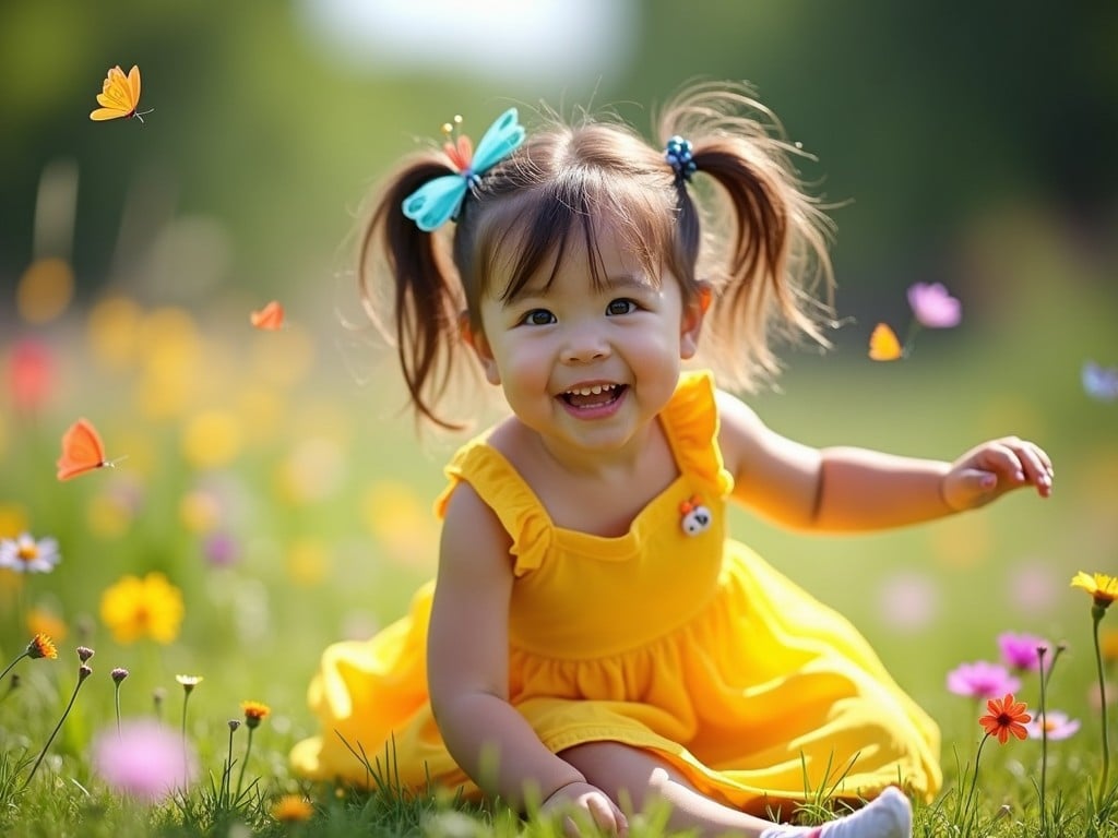 A happy little girl in a yellow dress playing in a sunny flower field with butterflies fluttering around her.