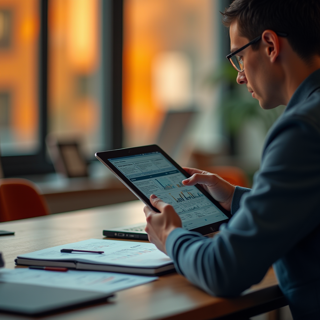 The image shows a person using a tablet in a modern office setting. The individual, wearing glasses, is focused on the tablet, which displays various charts and graphs, suggesting they are working on data analysis or reviewing reports. The table in front of them holds notebooks, papers, and pens, emphasizing a busy and organized workspace. The background features large windows with the warm glow of the setting sun, giving the scene a relaxed yet professional atmosphere. The overall composition indicates a blend of technology and a serene work environment.