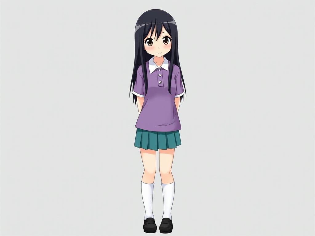 The image features a young anime-style character standing against a plain grey background. She has long, straight black hair and is wearing a school outfit, which includes a short-sleeved purple polo shirt with a white collar and a teal pleated skirt that reaches her knees. Her footwear consists of black shoes paired with white knee-high socks. The character is smiling gently and appears friendly, adding to her approachable appearance. The overall design is bright and colorful, reflecting typical anime aesthetics.