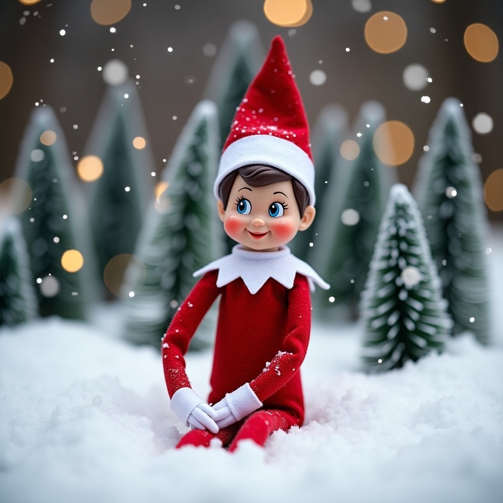 An Elf on the Shelf is sitting in the snow. The elf wrote 'Yadi and Cairo, see you soon!' in the snow, appearing cheerful and focused. In the background, small evergreen trees are lightly dusted with snow and twinkling lights, creating a magical winter atmosphere. The elf is dressed in a classic red and white outfit, with rosy cheeks, embodying the spirit of Christmas. Snowflakes gently fall around, enhancing the festive scene.