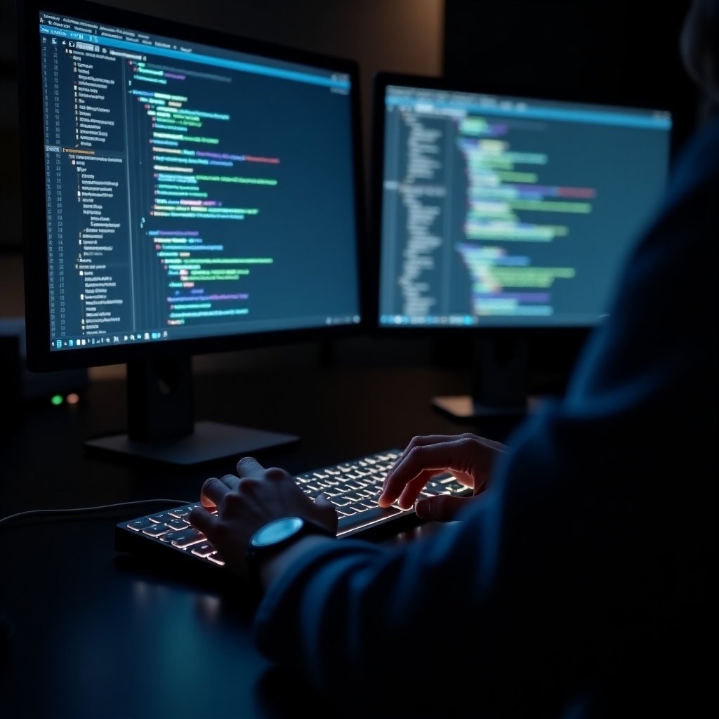 A pair of hands is typing on a modern keyboard in a dimly lit room. The atmosphere is focused on programming activities, with two monitors in the background displaying various lines of colorful code. The keyboards' backlight glows softly, creating a contrast against the dark surroundings. The scene represents a dedicated software developer's workspace, emphasizing concentration and technology. The monitors showcase a mix of programming languages and complex logic, typical in coding environments.