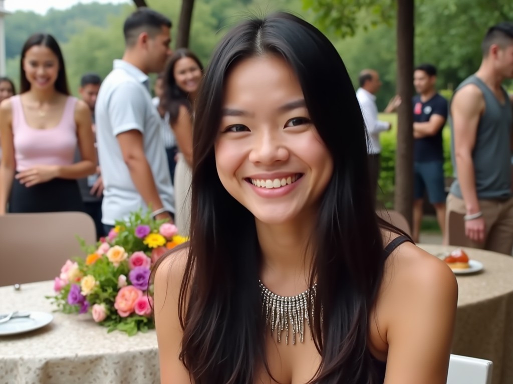 A smiling woman at an outdoor social gathering with other people in the background, wearing a stylish necklace, surrounded by trees and flowers, capturing a joyful summertime atmosphere.