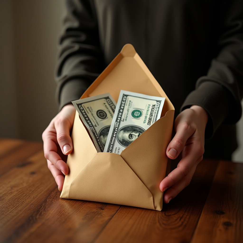 A person holds an envelope filled with US currency.