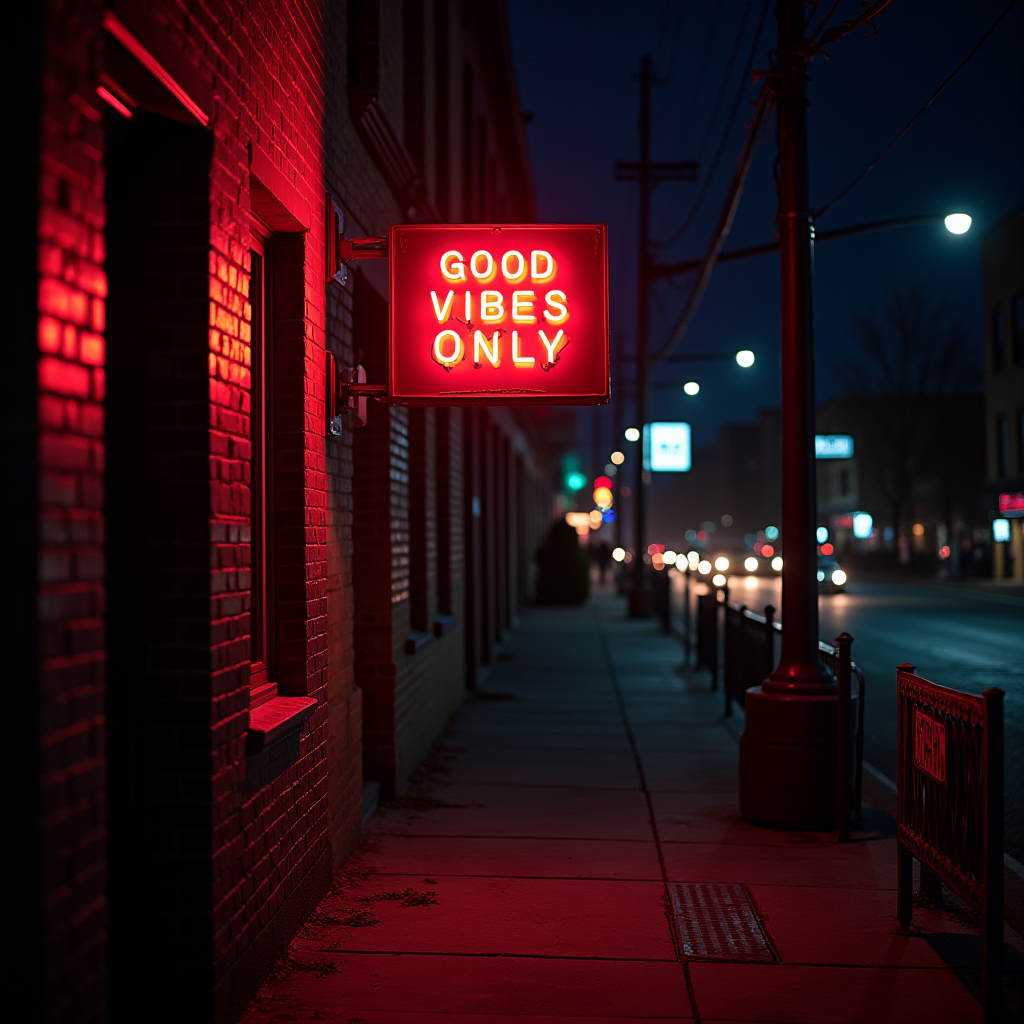 The image showcases a quiet urban street scene at night, dominated by a bright neon sign that reads "GOOD VIBES ONLY." The sign emanates a warm red glow, casting vibrant reflections on the adjacent brick wall. The street is lined with lamp posts, and the illumination from the sign adds a cozy ambiance to the scene. In the background, blurred city lights and silhouettes of buildings indicate a peaceful yet lively environment. The overall mood of the image is inviting and positive, reinforced by the message on the sign.