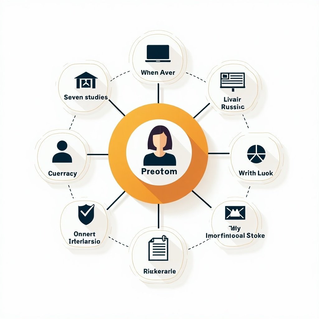 This infographic illustrates the digital identity map of a 38-year-old woman of Armenian heritage who has lived in Russia and the United States. It showcases various platforms and studies related to her life. The central node features 'Preotom', representing her digital persona. Surrounding nodes include references to her international studies and diverse platforms. The design uses a bright color palette, emphasizing connectivity and modernity. It serves as a visual representation of her unique background and digital footprint.