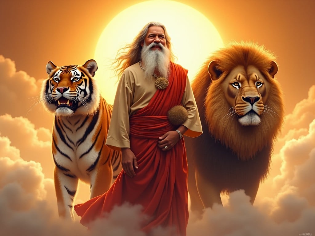 The image showcases a wise man with long flowing hair and a beard, dressed in a flowing robe, standing with a tiger and a lion at his side. He appears serene and powerful, embodying a sense of wisdom. Behind him, a golden sun rises, casting a warm glow over the scene. The tiger stands boldly on his left, while the lion sits majestically on his right. Soft clouds frame the trio, enhancing the mystical aura of the moment.