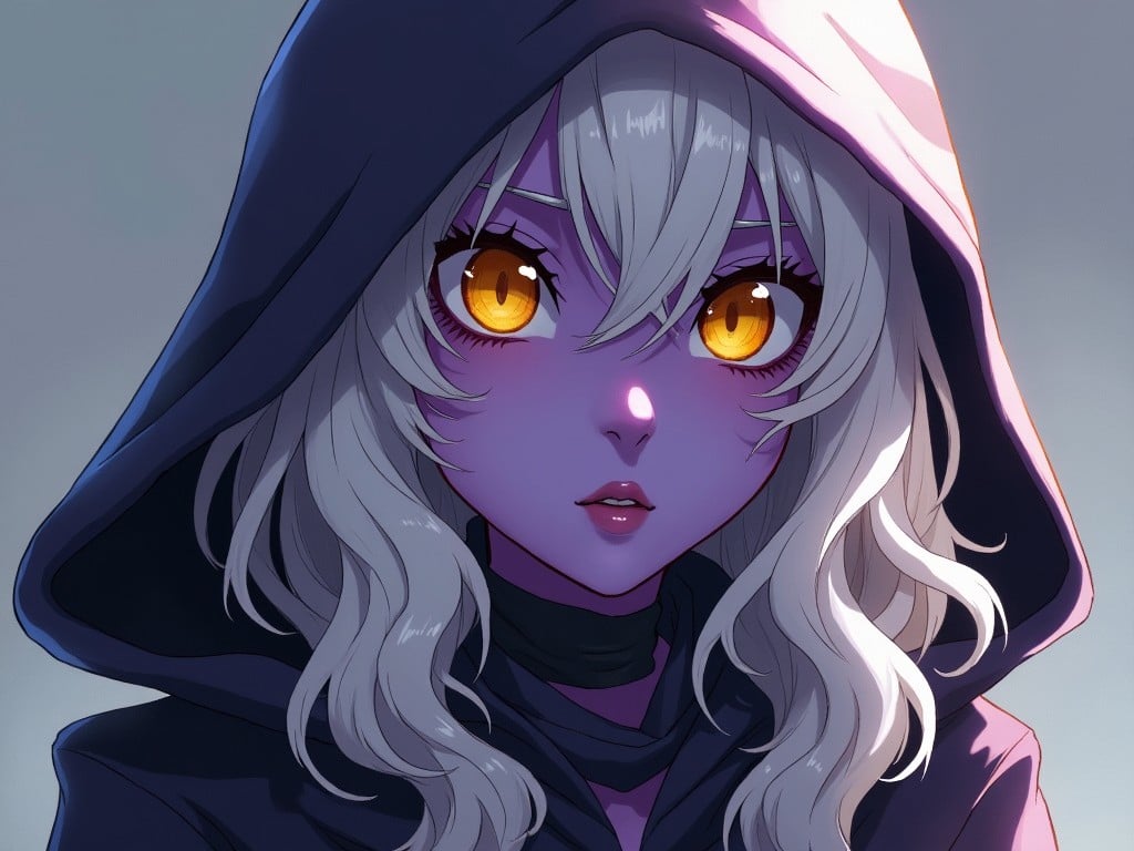 anime style character with glowing eyes wearing a hood