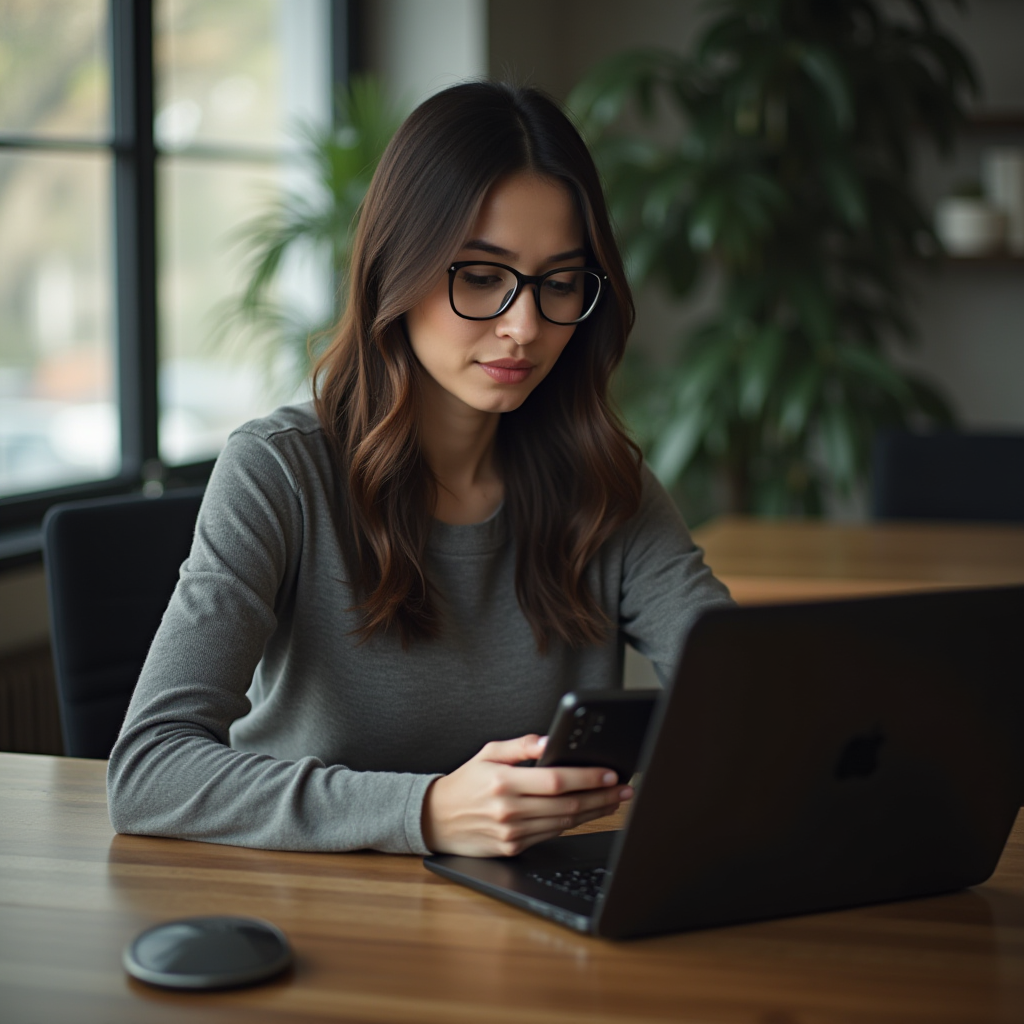 A woman with glasses is engrossed in her smartphone while seated in front of a laptop.