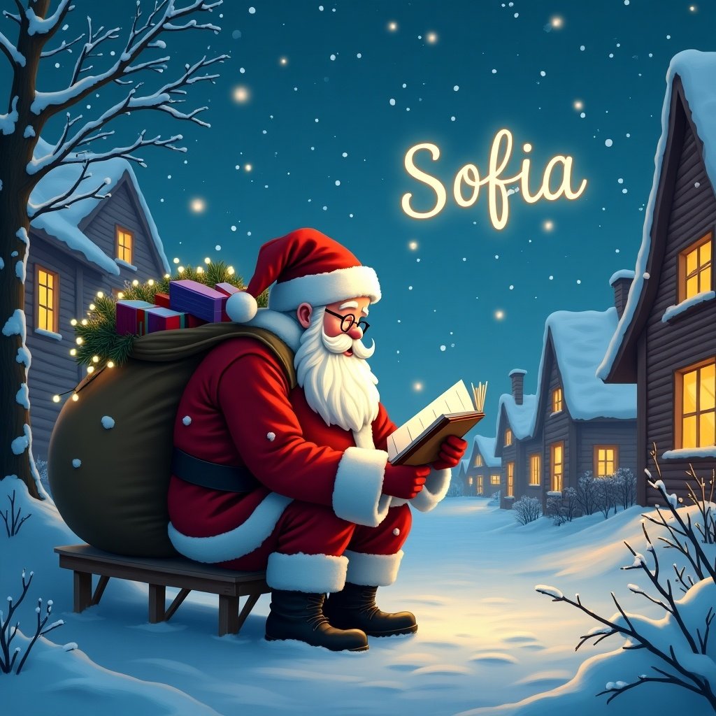 This image depicts Santa Claus in a tranquil snowy village at night. He sits on a bench, reading a notebook with a content smile. In the sky, the word 'Sofia' is beautifully illuminated. The scene is cozy, with snow gently falling and warm lights glowing from nearby houses. Santa’s bag filled with gifts rests beside him, adding to the festive vibe.