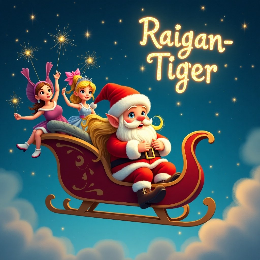 The image depicts a whimsical scene with Santa Claus in a sleigh under a night sky filled with fluffy clouds. Next to him is a 3-year-old pixie elf with long blonde hair and blue eyes, embodying the spirit of Christmas magic. Two princesses join them, adorned in vibrant outfits. In the background, the name 'Raigan-Tiger' shines brightly in the sky, crafted with sparkling lights. The scene is enchanting, designed to evoke feelings of holiday cheer and wonder.