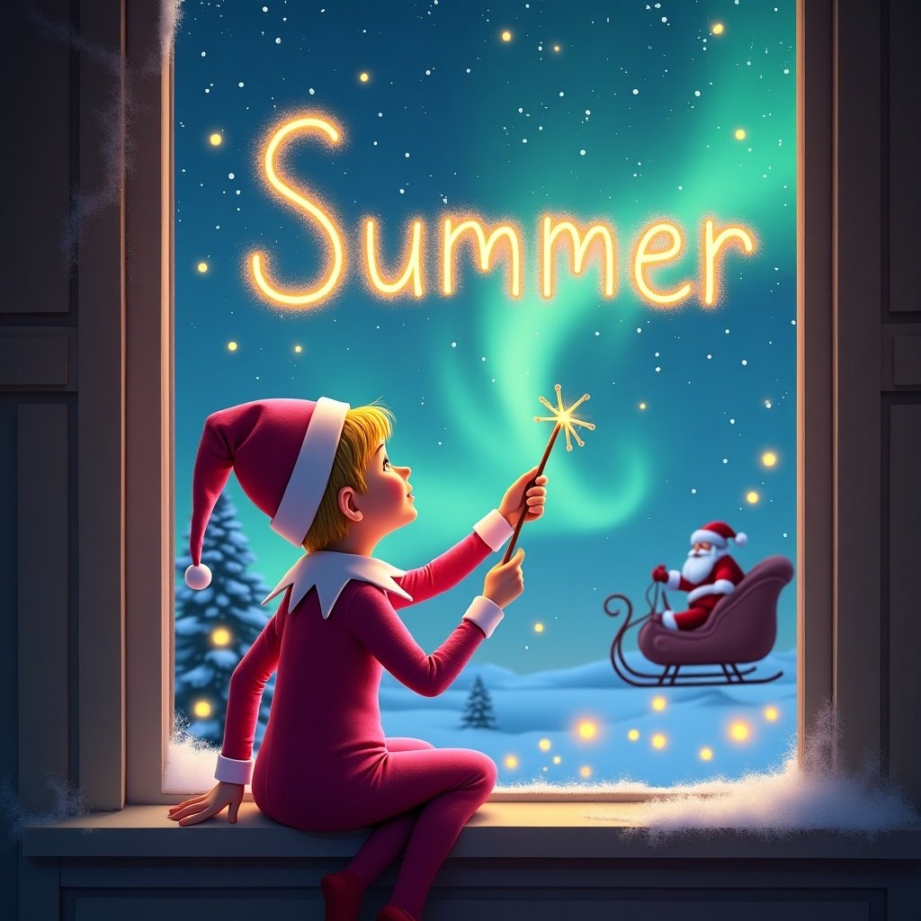 The image showcases an enchanting scene where an elf is sitting on a window ledge, facing the sky. The elf uses a wand to conjure the word 'Summer' in sparkling letters against a magical backdrop. With twinkling stars and colorful northern lights, the setting evokes a festive cheer. Dressed in a pink outfit and a pointed hat, the elf's blonde hair adds to the charm. In the background, Santa Claus is seen in his sleigh, enhancing the seasonal ambiance.