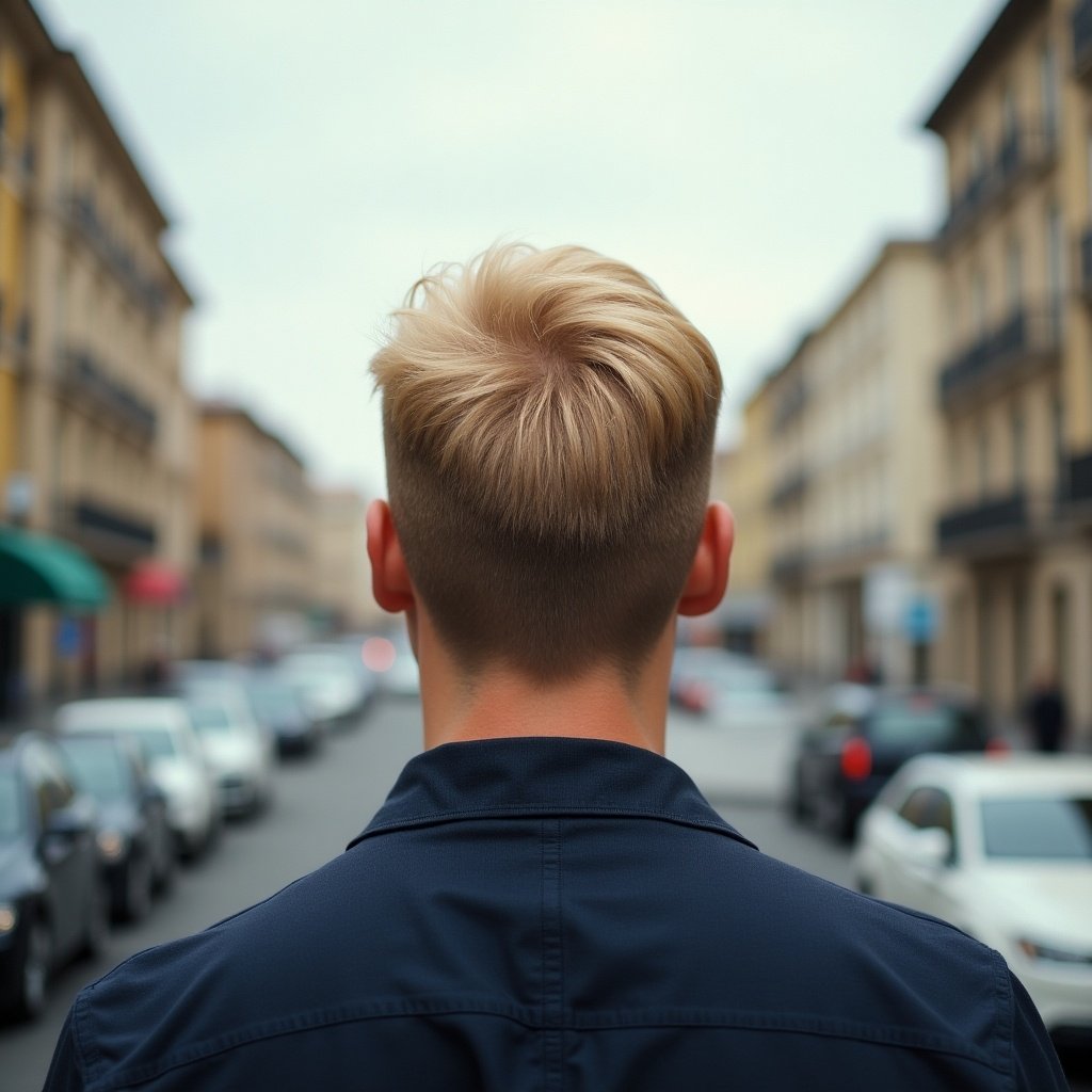 A scene featuring a young man with blonde hair, viewed from the back, standing on a busy street. He is in a casual outfit and seems contemplative. The urban background includes buildings and parked cars. This man dreams of owning a car. The lighting is soft, creating a calm atmosphere. It’s a cloudy day, adding a subtle mood to the scene. The focus is on the man’s hairstyle and the environment around him.